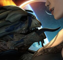  alien bigl1463 bioware duo electronic_arts female female_shepard garrus_vakarian hi_res human imminent_kiss long_tongue male male/female mammal mass_effect open_mouth scar sharp_teeth space teeth tongue tongue_out turian visor  rating:questionable score: user:bot