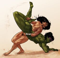 2girls ass black_hair breasts crossover dc dc_comics dima_ivanov feet female female_only fight fighting green-skinned_female green_hair green_skin headband hulk_(series) legs marvel marvel_comics medium_breasts multiple_girls muscles muscular muscular_female muscular_thighs nipples nude nude_female pubic_hair she-hulk simple_background submission_hold thighs tiara wonder_woman wonder_woman_(series) wrestling rating:Explicit score:199 user:deleted100081