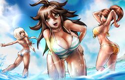 3girls accurate_art_style asahina_aoi ass beach bikini blonde_hair blue_eyes brown_hair cleavage clothed danganronpa danganronpa:_trigger_happy_havoc danganronpa_2:_goodbye_despair danganronpa_s:_ultimate_summer_camp danganronpa_v3 dark_skin dgrp female female_only from_below green_eyes human island large_breasts leaning_forward long_hair looking_at_viewer looking_back multiple_girls ocean open_mouth outdoors over_shoulder over_the_shoulder owari_akane ponytail sea smile swimsuit toned_female water waves wet yonaga_angie rating:Questionable score:255 user:Junko_pounds_ya