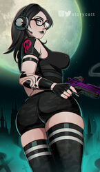 ass black_hair black_lipstick breasts clothed egirl emo female female_only fortnite glasses goth gun headphones jawbreaker_(fortnite) lipstick long_hair looking_at_viewer moon nipples_visible_through_clothing solo solo_female stockings storycatt tagme tattoo thighhighs thighs rating:Safe score:226 user:Storycatt