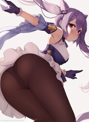 1girls ass bangs bare_shoulders blush bow brown_legwear cameltoe closed_mouth detached_sleeves double_bun embarrassed eyebrows_visible_through_hair female female_only frilled_gloves frills from_behind genshin_impact gloves hair hairbow keqing_(genshin_impact) leaning leaning_forward legwear long_hair long_sleeves looking_at_viewer looking_back nose_blush outstretched_arm panties panties_under_pantyhose pantyhose purple_bow purple_eyes purple_gloves purple_hair solo thick_thighs thighs twintails underwear wide_sleeves zen33n zen_o_(zen33n) rating:Questionable score:271 user:darkcrystal_