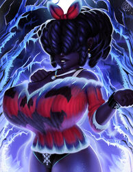 1girls african african_female alice black_hair breasts clothing covered_eyes dark-skinned_female dark_skin female female_focus female_only hair_over_eyes halloween huge_breasts human ice moon necklace neozoa night nz_naughty panties smile solo sweater teeth trees wrist_band rating:Questionable score:46 user:NZNaughty