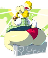 animal_crossing anthro ass bbw bell belly blonde_hair blush burger canid canine canis chubby chubby_female clothed clothing collar dog_tail fat female fur furry furry_only hi_res isabelle_(animal_crossing) large_ass large_butt mintrimo nintendo panties short_skirt sitting solo ssbbw stomach tail thick_thighs thighs yellow_fur rating:Questionable score:71 user:Videocraig3322