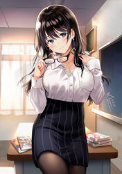 1girls black-framed_eyewear black_hair black_skirt blouse blue_eyes book classroom cleavage collared_blouse collared_shirt earrings female female_only glasses hands_up high-waist_skirt looking_at_viewer nishizawa original pencil_skirt school_uniform shirt shirt_tucked_in skirt teacher uniform white_shirt rating:Explicit score:128 user:SasukeBird