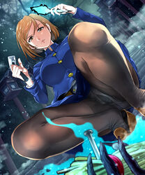 1girls aura breasts brown_eyes brown_hair fully_clothed hammer jujutsu_kaisen kugisaki_nobara legwear looking_at_viewer nails panties panties_visible_through_clothing pantyhose presenting skirt solo07450075 teasing thick_thighs thighs upskirt rating:Explicit score:342 user:Automatic