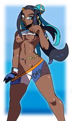 blue_eyes breasts charge_sol dark_skin earrings highres long_hair looking_at_viewer navel nessa_(pokemon) pokemon pokemon_ss small_breasts tagme two_tone_hair rating:Explicit score:31 user:snife