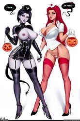 2girls areolae aroma_sensei big_breasts blouse blush breastless_clothes breasts cleavage corset curvy dc dc_comics dominatrix dress duo elbow_gloves english_text exposed_breasts exposed_pussy eyelashes eyeliner eyeshadow female female_only fishnets full_body garter_straps gloves goth halloween halloween_costume heels high_heels holding_hands hourglass_figure koriand'r large_breasts latex leather lingerie lipstick long_hair looking_at_viewer makeup medium_hair nipple_piercing nipples nipples_visible_through_clothing nurse nurse_cap nurse_uniform offscreen_character panties pierced_nipples piercing pubic_hair pumpkin pussy rachel_roth raven_(dc) revealing_clothes see-through shirt short_hair simple_background speech_bubble starfire stockings tail teen_titans text thong wide_hips rating:Explicit score:437 user:Kara_danvers80_