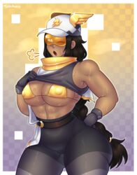 1girls big_breasts black_hair bra brawlhalla brown_hair cap clothed_female clothing female female_only first_porn_of_character glasses hat long_hair muscles scarf solo speedster sweat thea_(brawlhalla) thighs toldohorny yellow_eyes rating:Explicit score:65 user:ToldoHorny