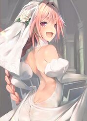 1boy 2018 arched_back ass ass_cleavage astolfo_(fate) back backless_dress bare_back bare_shoulders braid bride butt_crack clothed clothing crossdressing dress_lift elbow_gloves eyebrows_visible_through_hair fangs fate/grand_order fate_(series) femboy femboy_bride flower gloves hair_flower halterneck happy holding_dress indoors long_hair long_ponytail looking_at_viewer looking_back male male_bride male_only open_mouth p_answer pink_hair ponytail purple_eyes rose single_braid smile solo standing tongue trap trap_bride trap_wife veil wedding wedding_dress white white_dress white_flower rating:Questionable score:333 user:Blookryynnn