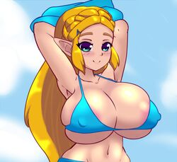 1girls 2d absurdres alternate_breast_size areola_slip areolae arms_up bikini blue_eyes blush breasts breath_of_the_wild cleavage female hair_ornament hairclip hand_on_head happy highres huge_breasts kazuya_zoey light-skinned_female light_skin long_hair navel nintendo pale-skinned_female pale_skin pointy_ears princess princess_zelda smile solo standing swimsuit the_legend_of_zelda zelda_(breath_of_the_wild) rating:Questionable score:155 user:Crusher4455