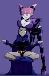 2girls alternate_breast_size breasts cartoon_network dc dc_comics dcau female female_only hand_on_hip huge_breasts jinx_(dc) multiple_girls pink_eyes pink_hair purple_hair rachel_roth raven_(dc) ravenravenraven teen_titans rating:Questionable score:207 user:Random97