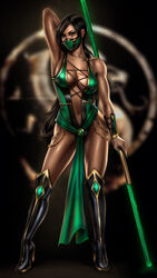 1girls 2d ass ayyasap big_breasts black_hair breasts bust busty cleavage cleavage_cutout dark-skinned_female dark_skin edenian female female_focus female_only heels huge_ass jade_(mortal_kombat) large_breasts legs long_hair mortal_kombat mortal_kombat_(2011) netherrealm_studios pole ponytail pose posing presenting skimpy skimpy_clothes solo staff thick thick_legs thick_thighs thighs voluptuous wide_hips woman rating:Questionable score:160 user:ShadowPain