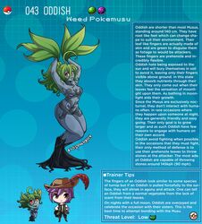 1boy 1girls ahoge blue_body english_text female flora_fauna green_hair highres humanized kinkymation leaf long_hair nintendo oddish page_43 page_number plant_girl pokémon_(species) pokedex pokemon pokemon-girl_encyclopedia pokemorph pokemusu ponytail profile red_eyes roots text rating:Questionable score:88 user:!nner$elf89