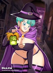 bent_over big_breasts blue_eyes blue_hair bluegraves bulma_briefs cape censored cloak clothed curvy dragon_ball dragon_ball_z female female_only fingerless_gloves gloves green_hair halloween halloween_costume holding_object huge_breasts lantern large_breasts leggings milf mother revealing_clothes smile stockings striped_legwear thick thick_thighs voluptuous wide_hips witch witch_hat rating:Explicit score:80 user:DBgirls457