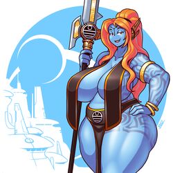 amazon background big_breasts blazbaros blue_skin bracelet breast_curtains breastcloth breasts_bigger_than_head city cleavage curvy female female_only fiery_hair hair_ornament halberd huge_breasts long_hair matron milf moon mother navel no_bra no_nose no_panties orange_hair pelvic_curtain plump red_eyes red_hair revealing_clothes sash seductive seductive_smile skimpy_clothes smiling smiling_at_viewer smug solo solo_female tattoo tau thick_thighs thighs tribal venus_body voluptuous warhammer_(franchise) warhammer_40k weapon wide_hips rating:Questionable score:95 user:Tyderius