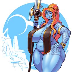 amazon background big_breasts blazbaros blue_skin bracelet breast_curtains breastcloth breasts_bigger_than_head city cleavage curvy female female_only fiery_hair hair_ornament halberd huge_breasts long_hair matron milf moon mother navel no_bra no_nose nude nude_female nudity orange_hair plump pubic_hair red_eyes red_hair revealing_clothes seductive seductive_smile skimpy_clothes smiling smiling_at_viewer smug solo solo_female tattoo tau thick_thighs thighs tribal venus_body voluptuous warhammer_(franchise) warhammer_40k weapon wide_hips rating:Explicit score:53 user:Tyderius