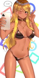 1girls absurdres bangs bare_arms bare_shoulders bikini black_bikini black_choker blonde_hair blue_eyes blush breasts cameltoe cellphone choker cleavage clyde_s collarbone contrapposto cowboy_shot dark-skinned_female dark_skin ear_piercing eyebrows_visible_through_hair female female_only foreshortening groin gyaru highres holding holding_phone huge_filesize idolmaster idolmaster_shiny_colors izumi_mei jewelry kuro_gyaru long_hair long_neck looking_at_viewer medium_breasts navel necklace o-ring o-ring_bikini o-ring_bottom one_eye_closed phone piercing smartphone solo solo_female speech_bubble standing stomach swimsuit v rating:Questionable score:130 user:BB7