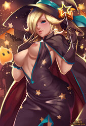 1girls 1other ambiguous_gender black_dress blonde_hair blue_eyes blush breasts dress exlic female female_focus hat luma mario_(series) nintendo nipples princess_rosalina solo_focus standing star super_mario_galaxy witch_costume witch_hat rating:Questionable score:205 user:justausername