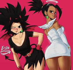 2girls angel angel_and_devil angel_costume angel_wings ass black_hair breasts caulifla demon demon_girl devil_costume dragon_ball dragon_ball_super echosaber elbow_gloves female female_only female_saiyan gloves halloween halloween_costume halo horns kale light-skinned_female light_skin looking_at_viewer looking_back potara_earrings saiyan shounen_jump tan-skinned_female tan_skin thick_thighs thighs tongue tongue_out tournament_of_power universe_6 universe_6_girls wink rating:Safe score:234 user:Ugabuga