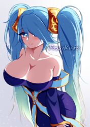 1girls artist_name bare_shoulders blue_dress blue_eyes blue_hair breasts cleavage female female_focus foxykuro hair_over_one_eye large_breasts league_of_legends sona_buvelle strapless_dress twintails very_long_hair rating:Questionable score:63 user:Cherub21