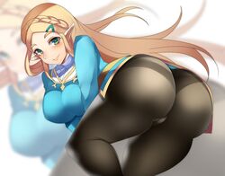 1girls ass big_ass big_breasts black_leggings blonde_hair blush bottom_heavy breath_of_the_wild eye_contact female green_eyes large_ass large_breasts leggings long_hair looking_at_viewer nintendo pantylines pointy_ears princess_zelda solo tea_texiamato the_legend_of_zelda thick_ass thick_thighs thighs tight_clothing zelda_(breath_of_the_wild) rating:Questionable score:240 user:Ugabuga