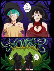 2girls breasts bulma_briefs chichi comic dragon_ball dragon_ball_z female female_only halloween huge_breasts interspecies milf nala1588 shounen_jump tentacle witch witch_hat rating:Explicit score:28 user:Dragonballgt9999