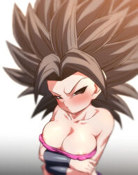 1girls angry big_breasts black_eyes black_hair blush breasts caulifla dragon_ball dragon_ball_super eye_contact female huge_breasts large_breasts looking_at_viewer nipple_bulge rom saiyan shounen_jump solo standing upper_body rating:Questionable score:162 user:Bikuta69