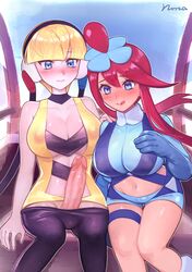 1futa 1girls :p balls_in_pants big_breasts blonde_hair blue_eyes blue_gloves blue_shorts blush boots breasts cleavage clothed clothing elesa_(pokemon) erection female futa_with_female futanari gloves gym_leader hair_ornament hand_on_another's_shoulder heart heart-shaped_pupils human imminent_sex large_breasts licking_lips mostly_clothed multiple_girls navel nintendo norza pale_skin pants pants_pull penis pokemon pokemon_bw pubic_hair red_hair short_shorts shorts skyla_(pokemon) smile stomach symbol-shaped_pupils tan thighs tongue tongue_out rating:Explicit score:271 user:Ugabuga