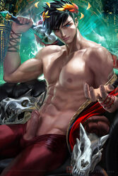 1boy black_hair blue_eyes dick gay hades_(game) heterochromia human human_only male_only nude penis red_eyes sakimichan shirtless skull sword zagreus rating:Explicit score:148 user:Dice22