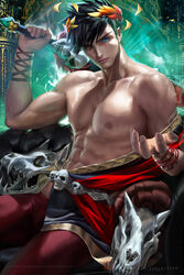 1boy black_hair blue_eyes gay hades_(game) heterochromia human human_only male_only red_eyes sakimichan skull sword zagreus rating:Explicit score:68 user:Dice22