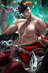 1boy black_hair blue_eyes dick gay hades_(game) heterochromia human human_only male_only penis red_eyes sakimichan skull sword zagreus rating:Explicit score:91 user:Dice22