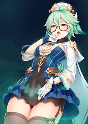 1futa absolute_territory blush cameltoe clothed clothing erection_under_clothes fully_clothed futa_only futa_sans_balls futanari garter_straps genshin_impact glasses gloves green_hair half-closed_eyes hat human looking_down open_mouth pale_skin penis_under_clothes pointy_ears ricegnat solo solo_futa standing sucrose_(genshin_impact) thighhighs rating:Explicit score:194 user:MegaMoo