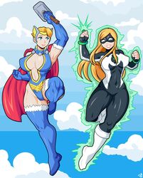 2girls abs absurd_res absurdres asgard asgardian athletic_female black_clothing blue_background blue_elbow_gloves blue_eyes blue_thighhighs bodysuit bracelets cameltoe clouds cosplay crossover crossplay dat_ass dc eighth_wonder elissa_megan_powers empowered empowered_(series) female female_focus female_only fighting_stance flying green_lantern green_lantern_(cosplay) halloween halloween_costume high_heel_boots high_heels high_resolution holding_weapon human human_only leotard light-skinned_female light_skin long_hair looking_at_another marvel mask mjolnir muscular muscular_female nipples_bulge orange_hair power_ring red_cape short_hair sky smiling spandex stacked_lady superheroine theironmountain thick_thighs thighs thor_(cosplay) thor_(marvel) thor_(series) thunder_thighs tight_clothing tight_fit toned_female uchi_no_musume_ni_te_o_dasu_na! weapons white_background white_boots wide_hips rating:Explicit score:43 user:Vincentolog