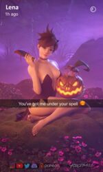 1girls 3d barefoot breasts feet female female_only forceballfx halloween jack-o'-lantern looking_at_viewer overwatch snapchat solo text tracer rating:Questionable score:143 user:justausername