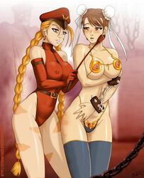 2girls arm_under_breasts belly blonde_hair blue_eyes bondage braided_hair brown_eyes cammy_white capcom chain_leash chains chun-li cleavage defeated erect_nipples female female_only femdom femsub handcuffs harem_girl harem_outfit hypnotized_dom large_breasts leotard mind_control navel nipples pokies restrained riding_crop slave slave_outfit slavegirl spiked_bracelet stormfeder street_fighter tears voluptuous yuri rating:Questionable score:110 user:TheKindHaremMaster