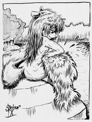 1990s 1999 20th_century animaniacs anthro ass beiro comic crosshatching female female_only fur furry minerva_mink mink monochrome nude outdoors sitting solo tagme water rating:Explicit score:11 user:bot