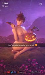 1girls 3d areolae barefoot breasts feet female female_only forceballfx halloween jack-o'-lantern looking_at_viewer nipples nude overwatch snapchat solo text tracer rating:Questionable score:218 user:justausername