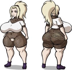 1:1 1girls aged_down blonde_hair demonroyal exposed_pussy female female_only fishnets front_and_back huge_ass naruto ponytail solo solo_female top_heavy tsunade white_background white_shirt rating:Explicit score:111 user:Sagi-shi