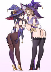 2girls ass big_breasts breasts bunny_tail butt dat_ass eye_contact female female_only genshin_impact gold_heels hat high_heels huge_ass lamsass legwear leotard lisa_(genshin_impact) long_hair looking_at_viewer mature_female milf mona_(genshin_impact) multiple_girls pantyhose size_difference thick_thighs thighhighs thighs twintails witch witch_hat rating:Questionable score:614 user:Mukkypokky