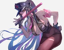 bikini black_hair bodystocking fate/grand_order fate_(series) female fingerless_gloves holding_object holding_weapon lack latex_gloves looking_at_viewer medium_breasts multicolored_hair pink_hair pink_tie police police_hat ponytail sesshouin_kiara sesshouin_kiara_(swimsuit_mooncancer)_(fate) smiling tearing_clothes traffic_baton yellow_eyes rating:Questionable score:108 user:Gingerman12