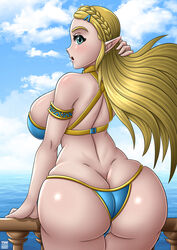 1girls ass big_ass bikini blonde blonde_hair braided_hair curvy female female_only green_eyes huge_ass huge_breasts huge_butt long_hair looking_back nintendo outdoor pointy_ears princess_zelda sea sideboob solo solo_female takilmar the_legend_of_zelda the_legend_of_zelda:_breath_of_the_wild thick_thighs zelda_(breath_of_the_wild) rating:Explicit score:172 user:LustBoy5432