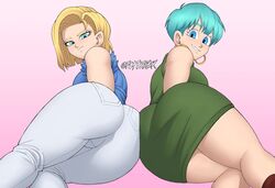 2girls android_18 ass ass_in_dress big_ass blonde_hair blue_eyes blue_hair bulma_briefs dragon_ball dragon_ball_z dress flytrapxx fully_clothed looking_at_viewer short_hair tight_clothing rating:Questionable score:237 user:VoyeurX