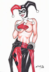 1girls 2022 batman_(series) big_breasts black_gloves bulging_breasts carlos_braga covering_breasts dc dc_comics ed_benes_studio female female_only hands_on_breasts harley_quinn harley_quinn_(classic) jester_girl jester_hat latex latex_gloves latex_suit light-skinned_female light_skin looking_at_viewer red_gloves red_lips solo stripping tagme two_tone_clothing undressing rating:Explicit score:42 user:Dragon98