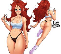 1girls android android_21 android_21_(human) ass bikini_bottom blue_eyes blush breasts cleavage dragon_ball dragon_ball_fighterz echosaber eye_contact female female_only ginger glasses glasses_off long_hair looking_at_viewer low_cut_top red_hair redhead sci-fi science_fiction scifi shounen_jump socks solo solo_female tank_top thighs thong white_background rating:Questionable score:468 user:Ugabuga