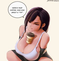 1girls between_breasts bubble_tea_challenge cleavage dialogue final_fantasy final_fantasy_vii large_breasts licking_lips long_hair paranoiddroid solo square_enix text tifa_lockhart rating:Questionable score:117 user:MegaMoo