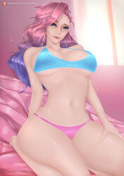 1girls alternate_version_at_source belly belly_button big_breasts blue_eyes bra breast_press breasts cleavage female female_only k/da_all_out_series k/da_series large_breasts league_of_legends lingerie long_hair looking_at_viewer navel oil oiled oiled_skin on_bed panties patreon pink_background pink_hair pink_panties presenting purple_hair riarfian seraphine_(league_of_legends) shiny_hair shiny_skin shorts sleeveless smiling solo sports_bra thick_thighs thighs underboob underwear rating:Explicit score:52 user:RiArfian