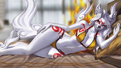 1girls 2020 5_fingers alanscampos amaterasu anthro background bikini blue_eyes breasts canid canine female furry grin hair hands highres legs lying_on_bed lying_on_side okami patreon patreon_username revealing_clothes solo tail underwear white_fur white_hair wide_hips wolf yellow_bikini rating:Questionable score:48 user:Schnuron93