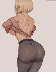 1girls absurd_res android_18 artist_name ass back blonde_hair breasts cutesexyrobutts dragon_ball dragon_ball_z earrings female female_only hi_res high_waisted_pants large_breasts muscular_back muscular_female nipples no_bra pantyhose sideboob smile sweater sweater_lift tan tanline thighs underboob yoga_pants rating:Questionable score:820 user:TwinkieLord