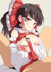 1boy bangs bar_censor black_hair blush bow breasts brown_eyes censored closed_mouth dark-skinned_male detached_sleeves female frilled_bow frills grey_background hair_tubes hairbow huge_breasts long_hair nipples paizuri paizuri_hug penis red_bow red_shirt reimu_hakurei ribbon-trimmed_sleeves ribbon_trim shirt sidelocks simple_background solo_focus straight sweat tottotonero touhou rating:Explicit score:58 user:bot