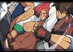 1girls 2boys big_breasts blue_eyes bob_cut breasts dark-skinned_female dark_skin defeated double_penetration forced giovanna_(guilty_gear) groping_from_behind guilty_gear guilty_gear_strive ky_kiske mark_gavatino rape red_hair sex short_hair smirk sol_badguy straight rating:Explicit score:281 user:Lord_of_bitches